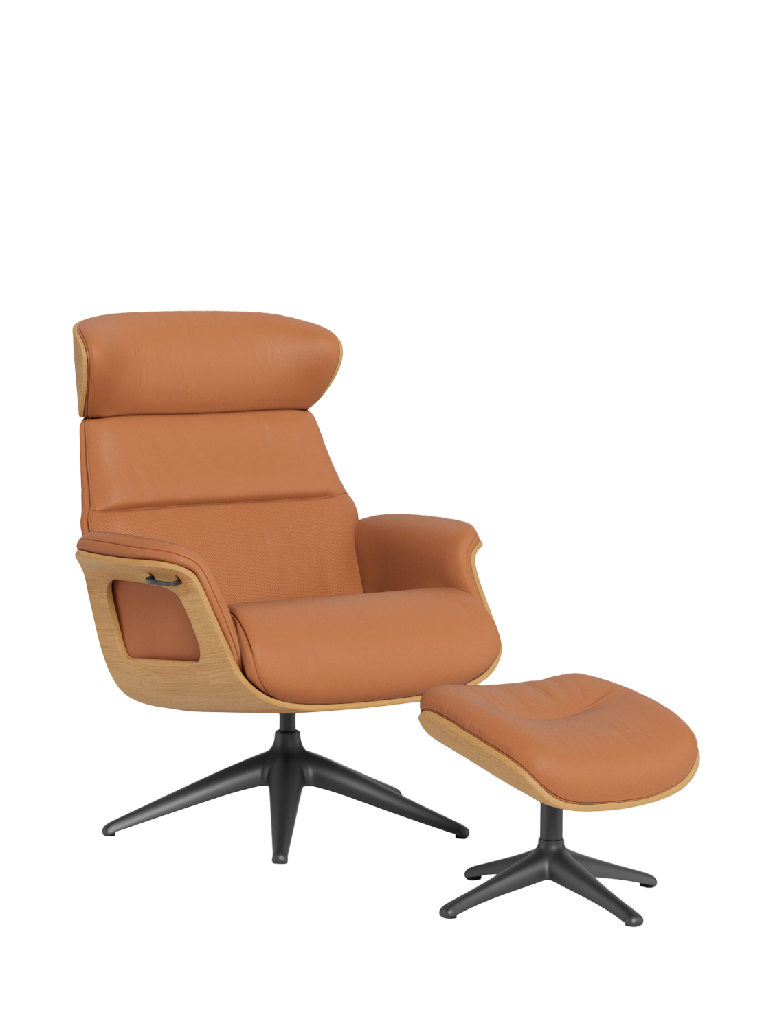 Clement Range, Flexlux Clement Relax Leather Recliner Chair and Footstool, Oak Frame, Black Leg, Dakota Modern Cognac Brown