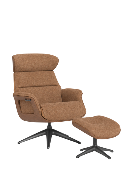 Flexlux Clement Relax Recliner Chair & Footstool, Walnut Frame, Black Aluminium Leg, Wildflower 3 Teddy Brown, Wildflower 3 Teddy Brown