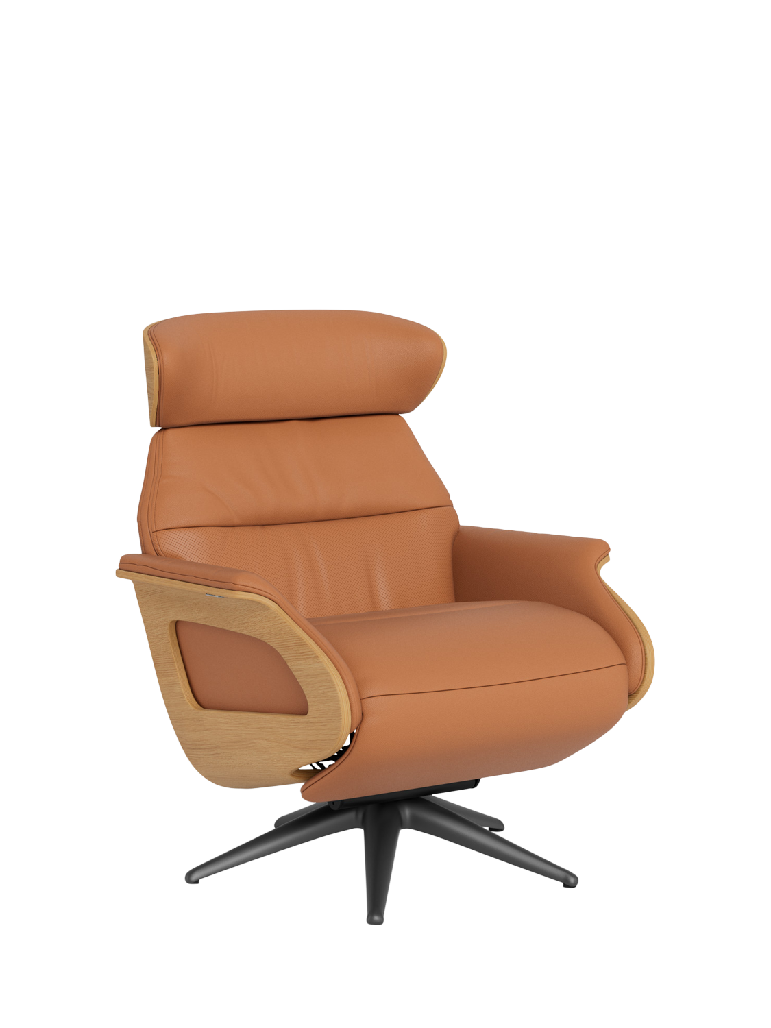Clement Range, Flexlux Clement Relax Leather Recliner Chair with Integrated Footrest, Oak Frame, Black Leg, Dakota Modern Cognac Brown