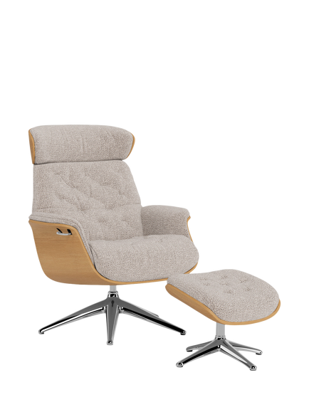 Flexlux Volden Relax Recliner Chair & Footstool, Oak Frame, Polished Aluminium Leg, Amalfi Beige, Amalfi Beige