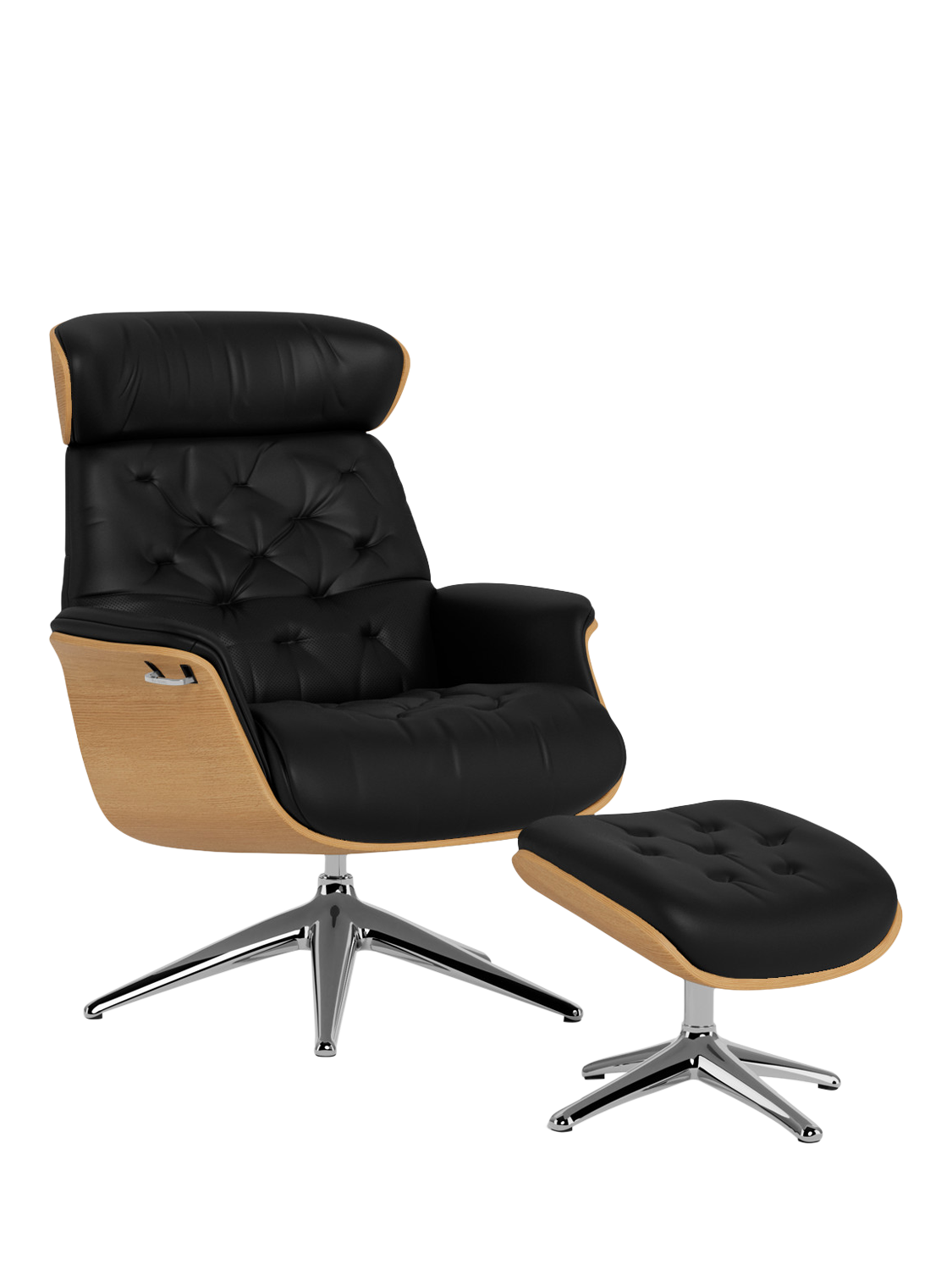 Volden Range, Flexlux Volden Relax Leather Recliner Chair and Footstool, Oak Frame, Polished Aluminium Leg, Savoy Platin Black