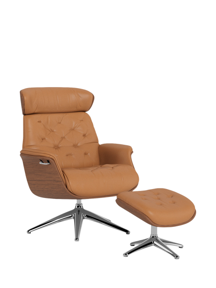 Flexlux Volden Relax Lether Recliner Chair & Footstool, Walnut Frame, Polished Aluminium Leg, Taormina Caramel, Taormina Caramel