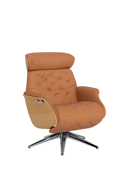 Flexlux Volden Relax Leather Recliner Chair with Integrated Footrest, Oak Frame, Polished Aluminium Leg, Dakota Modern Cognac Brown
