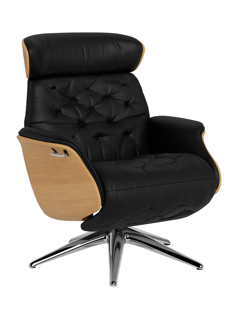 Volden Range, Flexlux Volden Relax Leather Recliner Chair with Integrated Footrest, Oak Frame, Polished Aluminium Leg, Savoy Platin Black