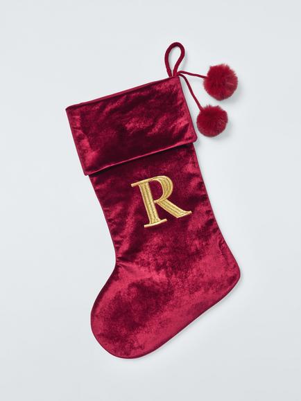 John Lewis Velvet Initial Christmas Stocking, Red, Red