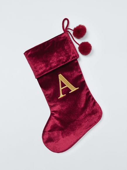 John Lewis Velvet Initial Christmas Stocking, Red, Red