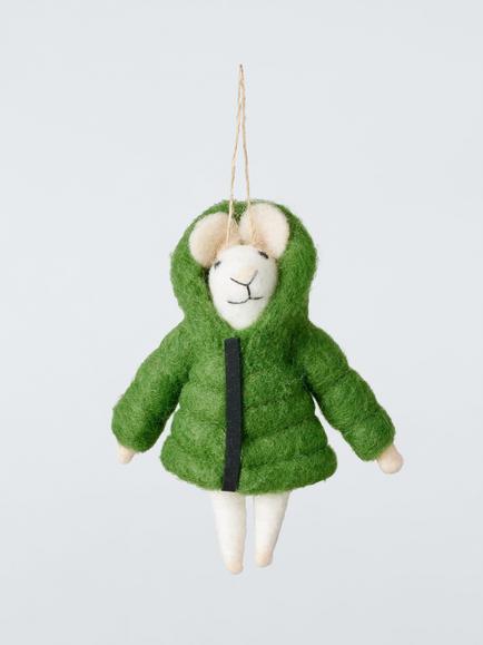 John Lewis The Cherisher Felt Puffer Coat Mouse Tree Decoration, Green, Green