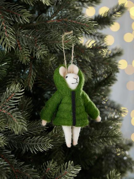 John Lewis The Cherisher Felt Puffer Coat Mouse Tree Decoration, Green - view 2, Green