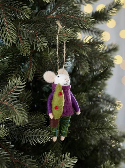 John Lewis The Cherisher Felt Christmas Tree Mouse Tree Decoration, Multi - view 2, Red