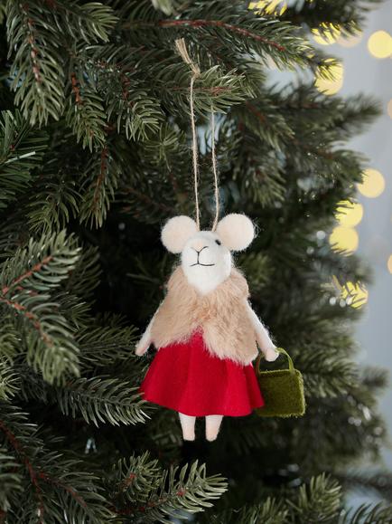 John Lewis The Cherisher Felt Fur Coat Mouse Tree Decoration, Red - view 2, Red