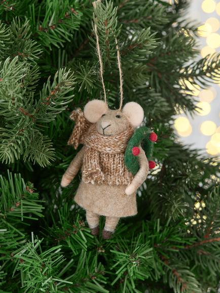 John Lewis The Cherisher Felt Wreath Mouse Tree Decoration, Multi - view 2, Brown