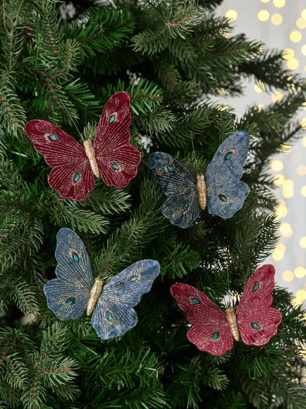 John Lewis Butterfly Clip On Tree Decorations, Set of 4, Multi - view 2, Blue/Purple