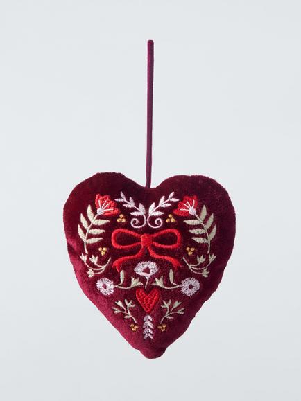 John Lewis The Cherisher Fabric Floral Heart Bauble, Red, Red
