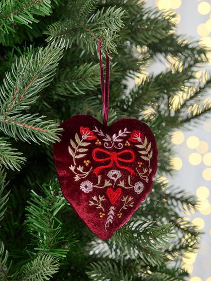 John Lewis The Cherisher Fabric Floral Heart Bauble, Red - view 2, Red