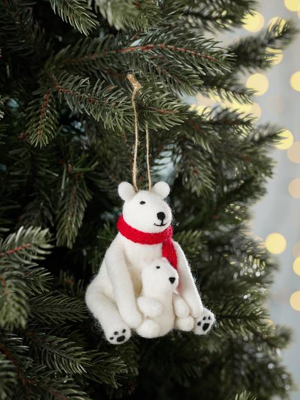 John Lewis The Cherisher Felt Polar Bear & Cub Tree Decoration, White - view 2, White