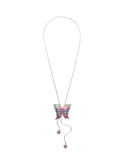 Pre-loved Enamel Butterfly Necklace, Circa 1990s, Silver/Pink, Silver/Pink