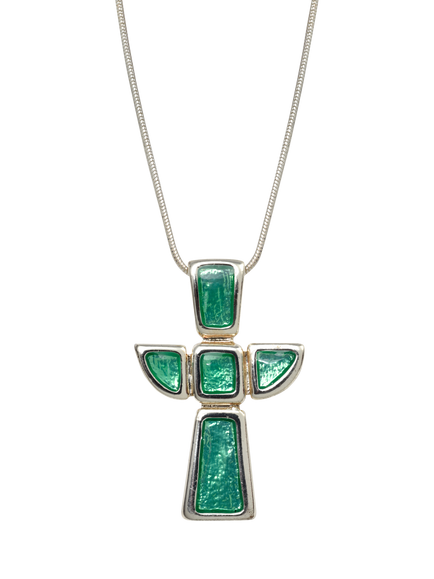 Pre-loved Vintage Angel Wing Cross Pendant Necklace, Circa 1980s, Silver/Green, Silver/Green