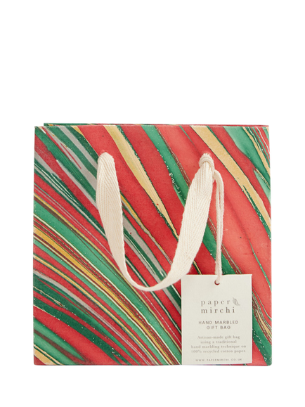 Paper Mirchi Marble Print Small Gift Bag, Red, Green