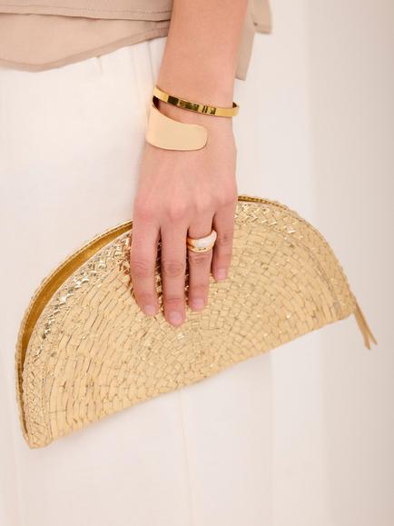 Mint Velvet Leather Woven Clutch Bag, Gold, Gold