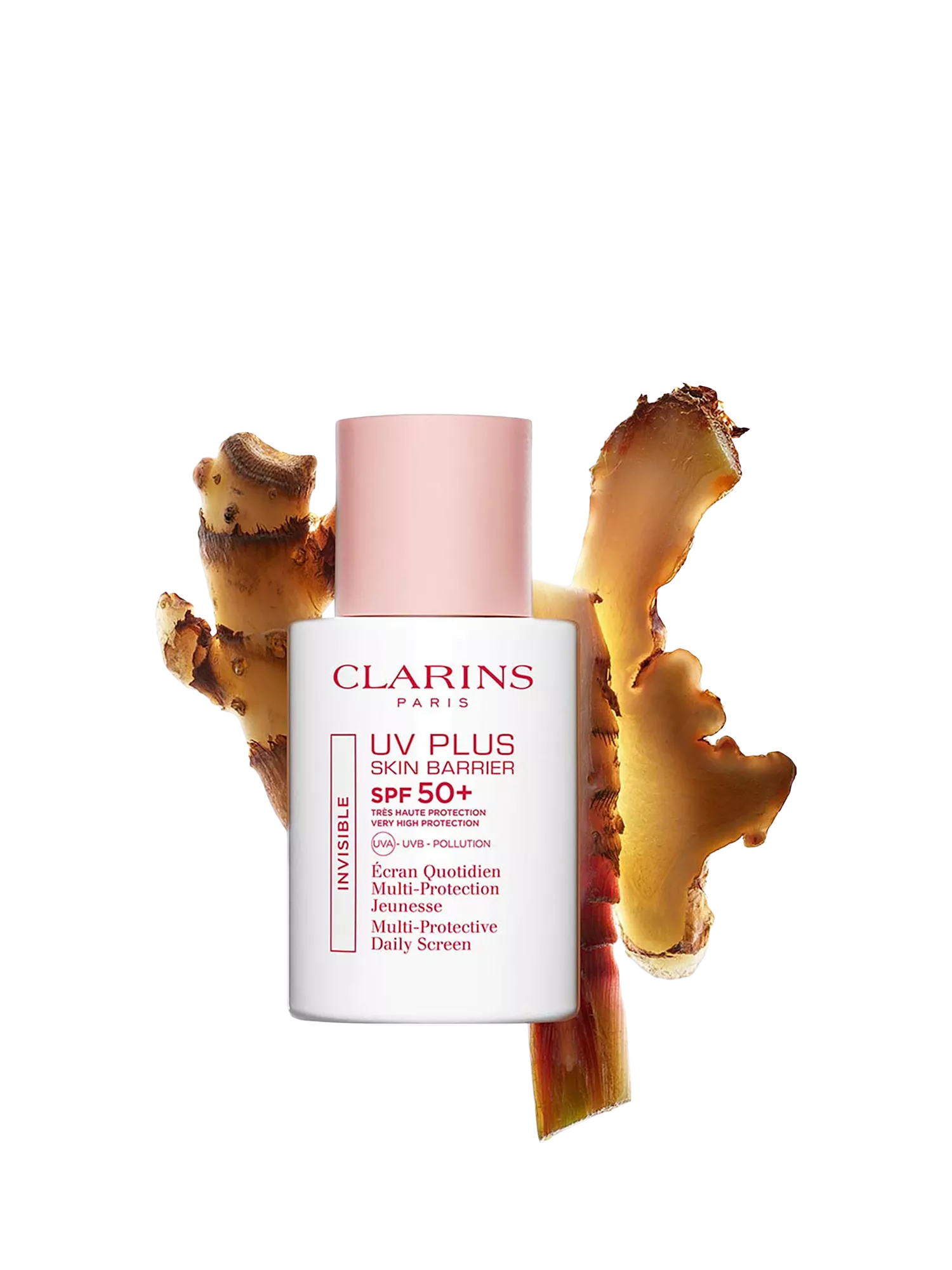 A pink Clarins Multi-Active Jour cream jar with SPF 15, featuring niacinamide and sea holly, set against thistles.