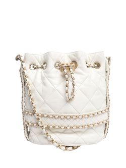 Pre-loved CHANEL 2019 Lambskin Quilted Bucket Bag, White, White