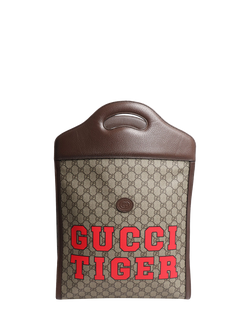 Pre-loved GUCCI Tiger Web Stripe Tote Bag, Brown, Brown