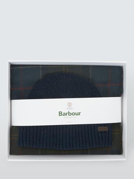 Barbour Conrad Beanie Hat & Scarf Gift Set, Navy/ Shadow Classic, Navy/ Shadow Classic