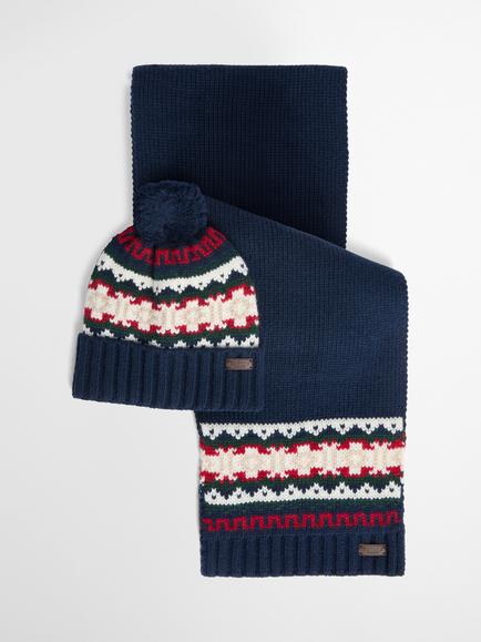 Barbour Kane Bobble Beanie & Scarf Gift Set, Navy, Navy