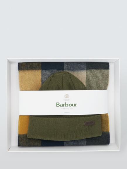 Barbour Tattersall Beanie Hat & Scarf Gift Set, Olive/Forest Mist, Olive/Forest Mist