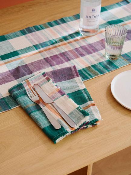 The Conran Shop Marabar Check Cotton Napkins, Set of 2, Green/Mauve - view 2, Green/Mauve