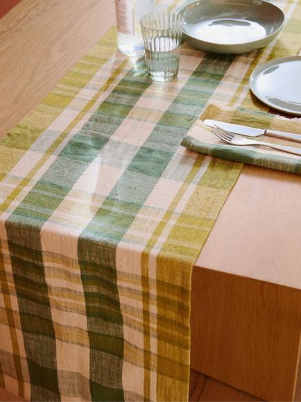 The Conran Shop Marabar Check Cotton Table Runner, 260cm, Green/Chartreuse - view 2, Green/Chartreuse