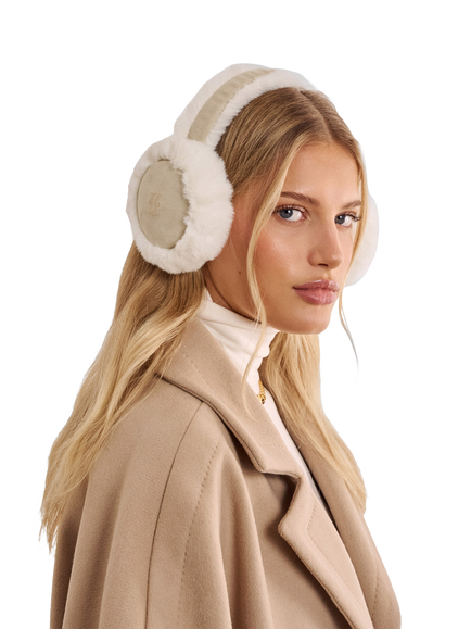 Katie Loxton Faux Suede Earmuffs, Creme - view 2, Crème / Taupe