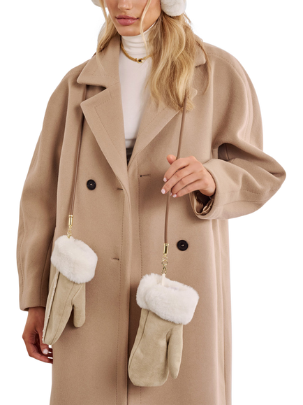 Katie Loxton Faux Suede Corded Mittens, Creme - view 2, Crème / Taupe