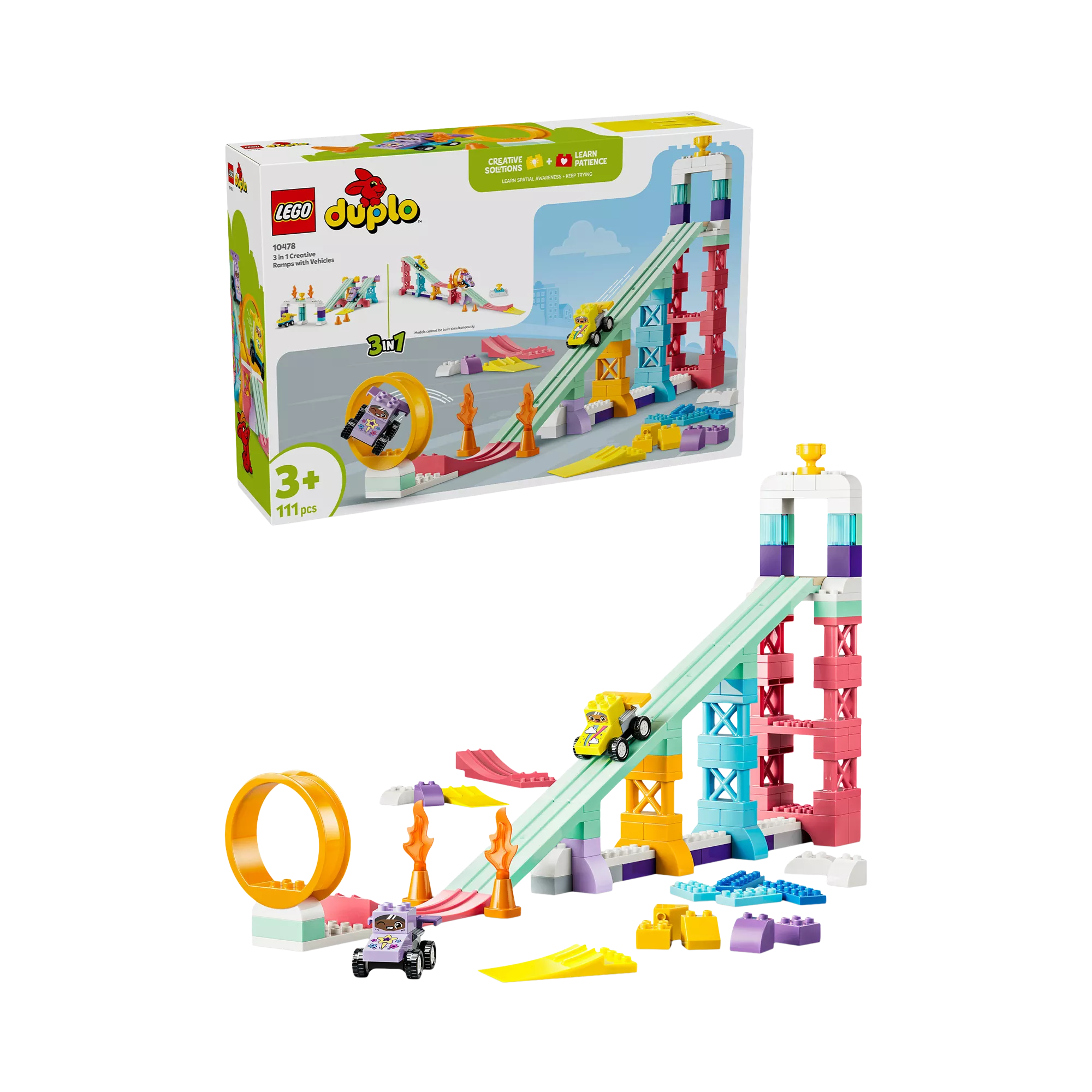 LEGO DUPLO 3-in-1 Creative Ramps set with vehicles, loop and ramp tower, colourful blocks for ages 3+