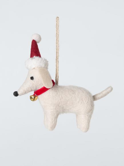 John Lewis The Cherisher Felt Bell Collar Dachshund Tree Decoration, Cream/Multi, Cream/Multi