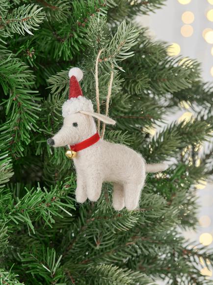 John Lewis The Cherisher Felt Bell Collar Dachshund Tree Decoration, Cream/Multi - view 2, Cream/Multi