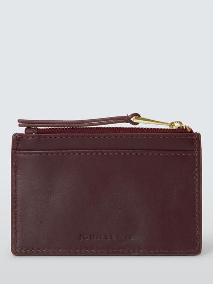 John Lewis Leather Zipped Card Holder, Burgundy, Burgundy