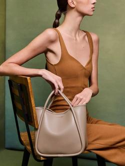 CHARLES & KEITH Lyla Mini Tubular Slouchy Faux Leather Tote Bag, Taupe - view 2, Taupe