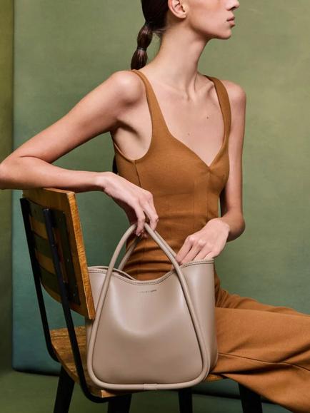CHARLES & KEITH Lyla Mini Tubular Slouchy Faux Leather Tote Bag - view 2, Taupe