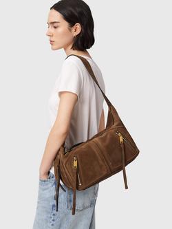 AllSaints Jean Suede Shoulder Bag, Brown Mid - view 2, Brown Mid
