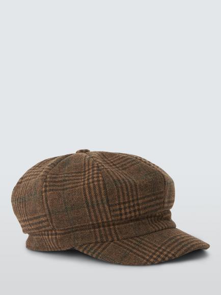 John Lewis Check Wool Blend Bakerboy Hat, Brown Multi - view 2, Brown Multi