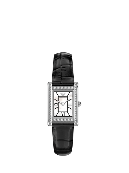 Emporio Armani AR11803 Women's 22mm Rectangular Leather Strap Watch, Silver & Black, Silver & Black