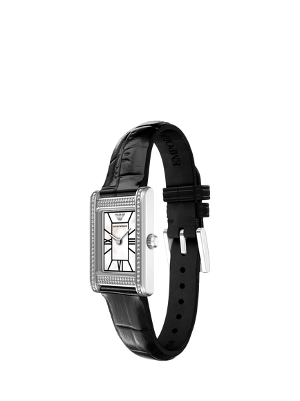 Emporio Armani AR11803 Women's 22mm Rectangular Leather Strap Watch, Silver & Black - view 2, Silver & Black