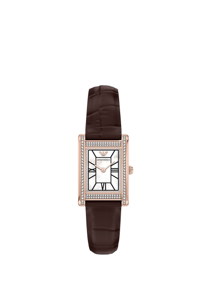 Emporio Armani AR11804 Women's 32mm Rectangular Leather Strap Watch, Rose Gold & Brown, Rose Gold & Brown