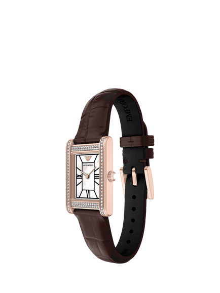 Emporio Armani AR11804 Women's 32mm Rectangular Leather Strap Watch, Rose Gold & Brown - view 2, Rose Gold & Brown