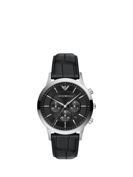 Emporio Armani AR11820 Archetipo Chronograph Leather Strap Watch, Silver/Black, Silver & Black
