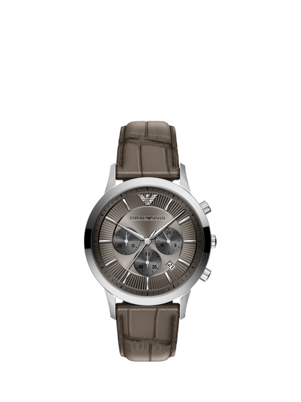 Emporio Armani AR11821 Men's Archetipo 43mm Round Leather Strap Watch, Silver & Dark Taupe, Silver & Dark Taupe