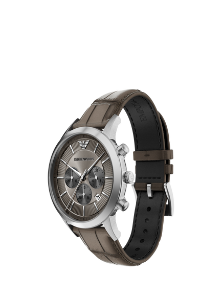 Emporio Armani AR11821 Men's Archetipo 43mm Round Leather Strap Watch, Silver & Dark Taupe - view 2, Silver & Dark Taupe