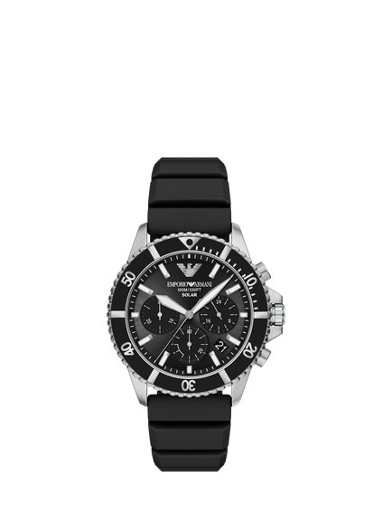 Emporio Armani AR11830 Men's Solar Chronograph Silicone Strap Watch, Silver & Black, Silver & Black