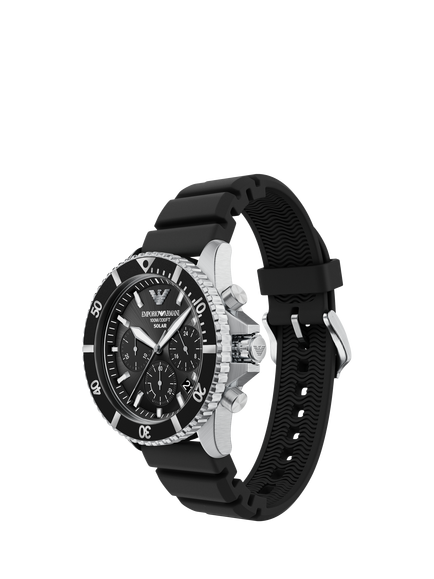 Emporio Armani AR11830 Men's Solar Chronograph Silicone Strap Watch, Silver & Black - view 2, Silver & Black